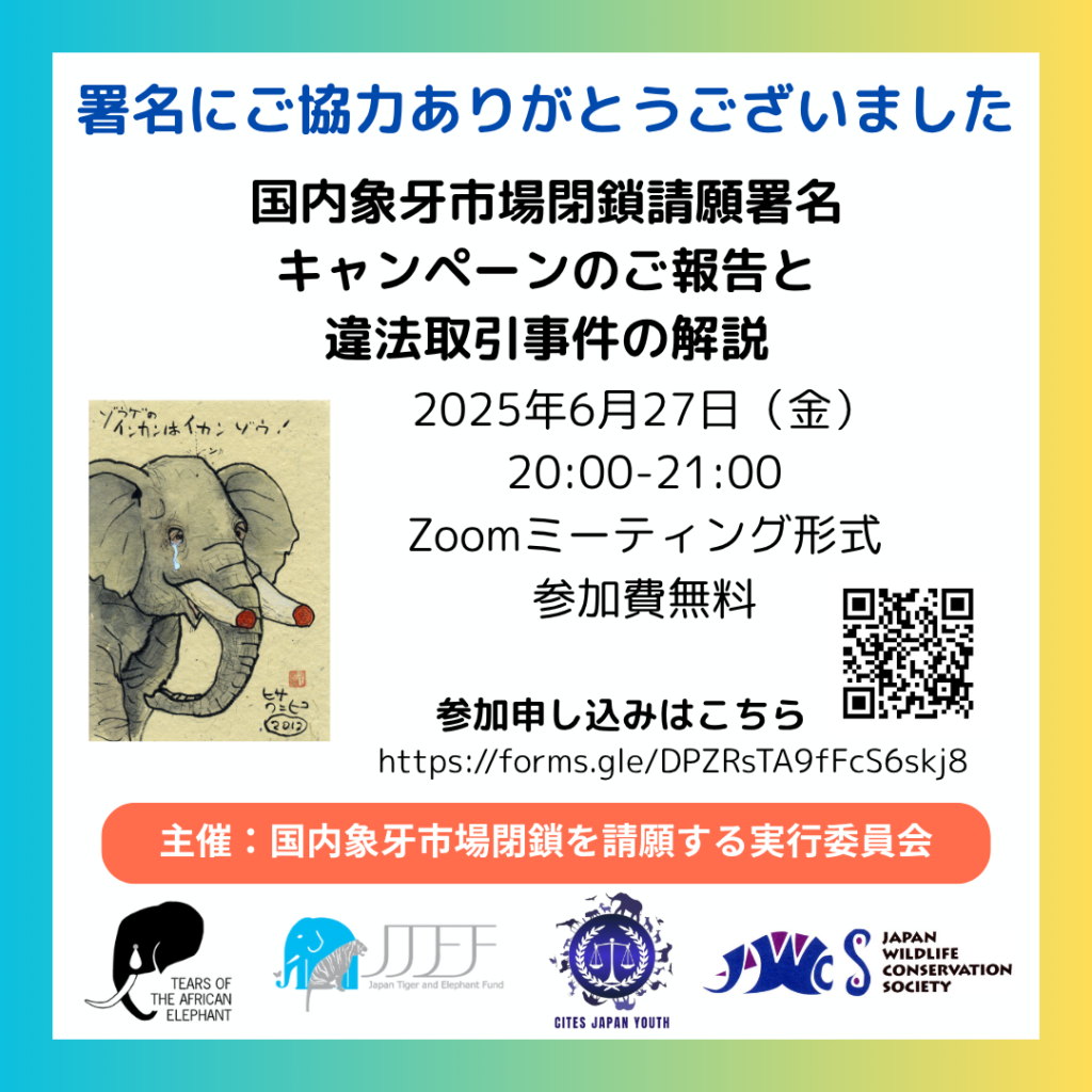 国内象牙市場閉鎖請願署名5745通ありがとうございます
